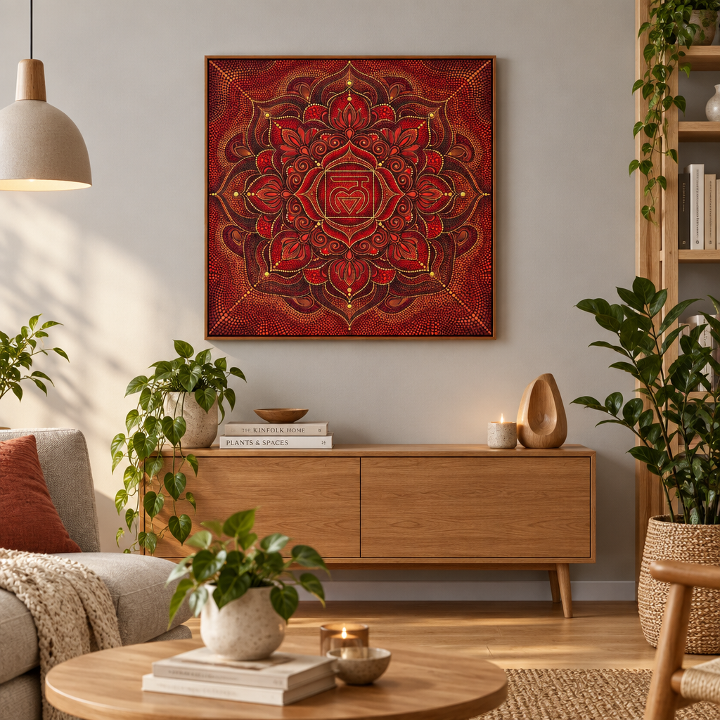 Quadro impresso Mandala Chakra Raiz Pontilhismo com moldura cerejeira em sala escandinava clara com móveis de madeira e plantas – quadro meditação chakra – Santieri Bloom