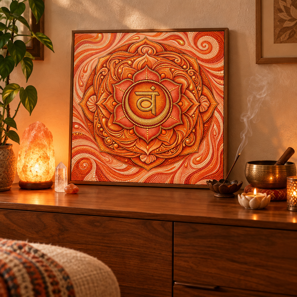 Quadro impresso Mandala Chakra Sacral Pontilhismo apoiado em aparador zen com lamparina de sal, cristal e tigela tibetana – impressão decorativa espiritual para espaço de meditação – Santieri Bloom