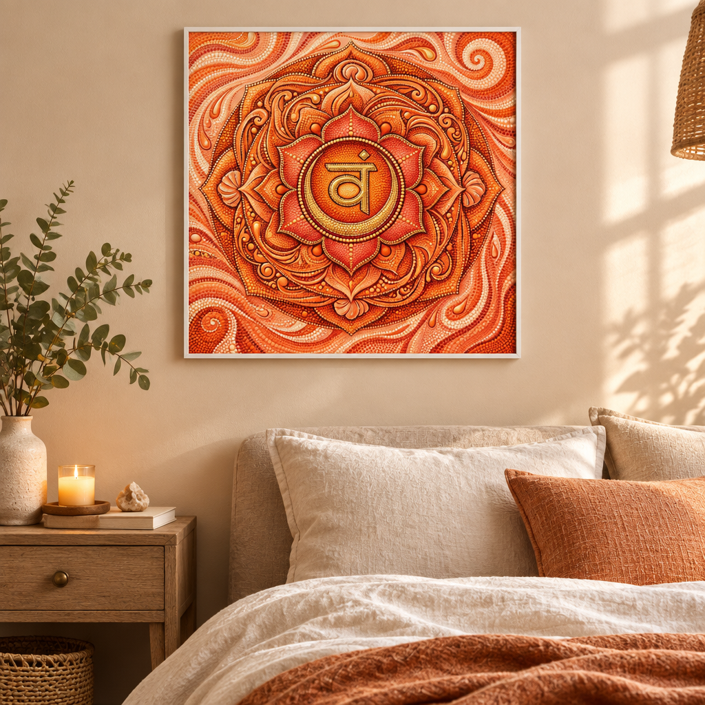 Quadro impresso Mandala Chakra Sacral Pontilhismo com moldura branca em quarto bege aconchegante com roupa de cama linho e velas – quadro espiritual para quarto – Santieri Bloom