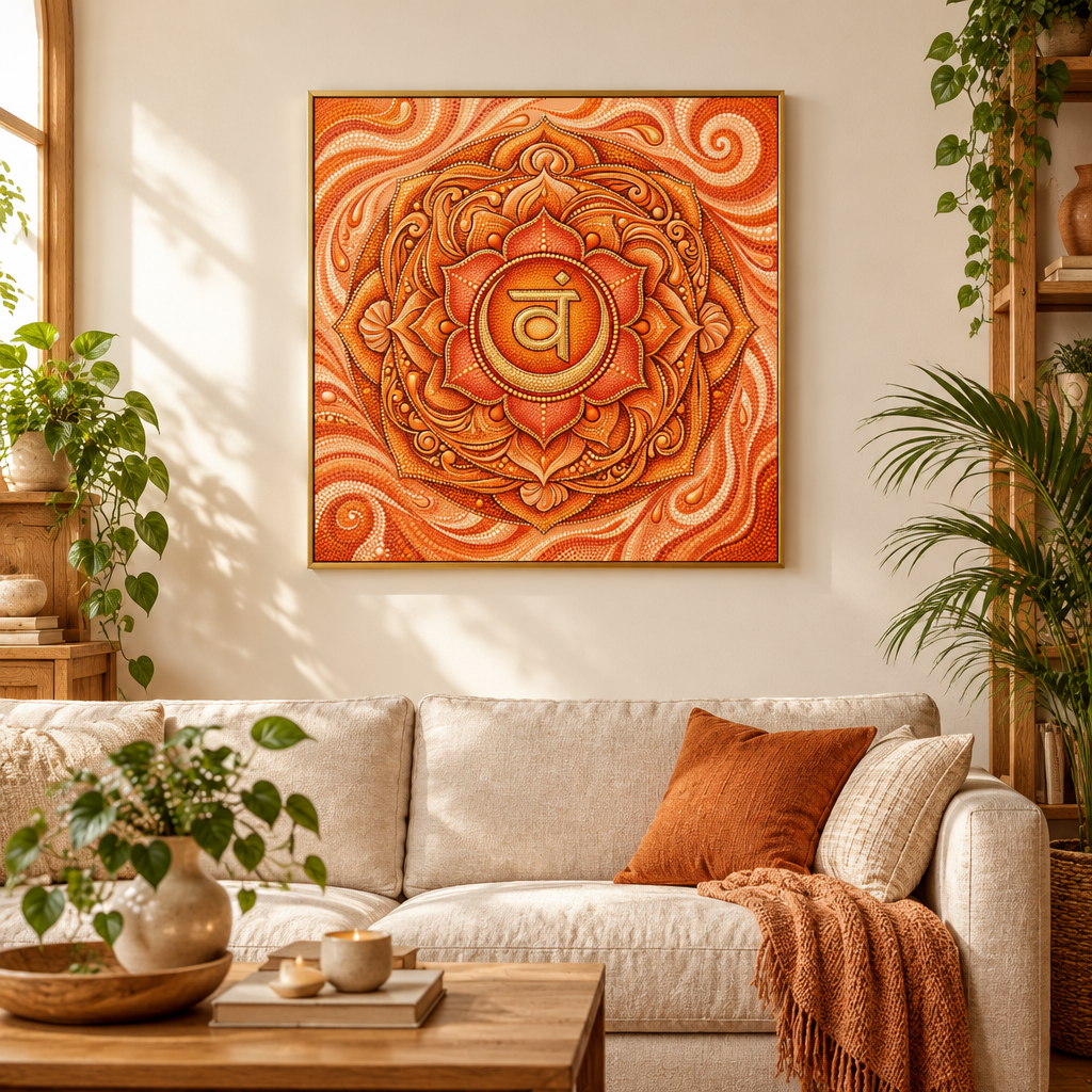 Quadro impresso Mandala Chakra Sacral Pontilhismo com moldura dourada em sala clara com sofá linho e plantas – quadro decorativo espiritual para sala de estar – Santieri Bloom