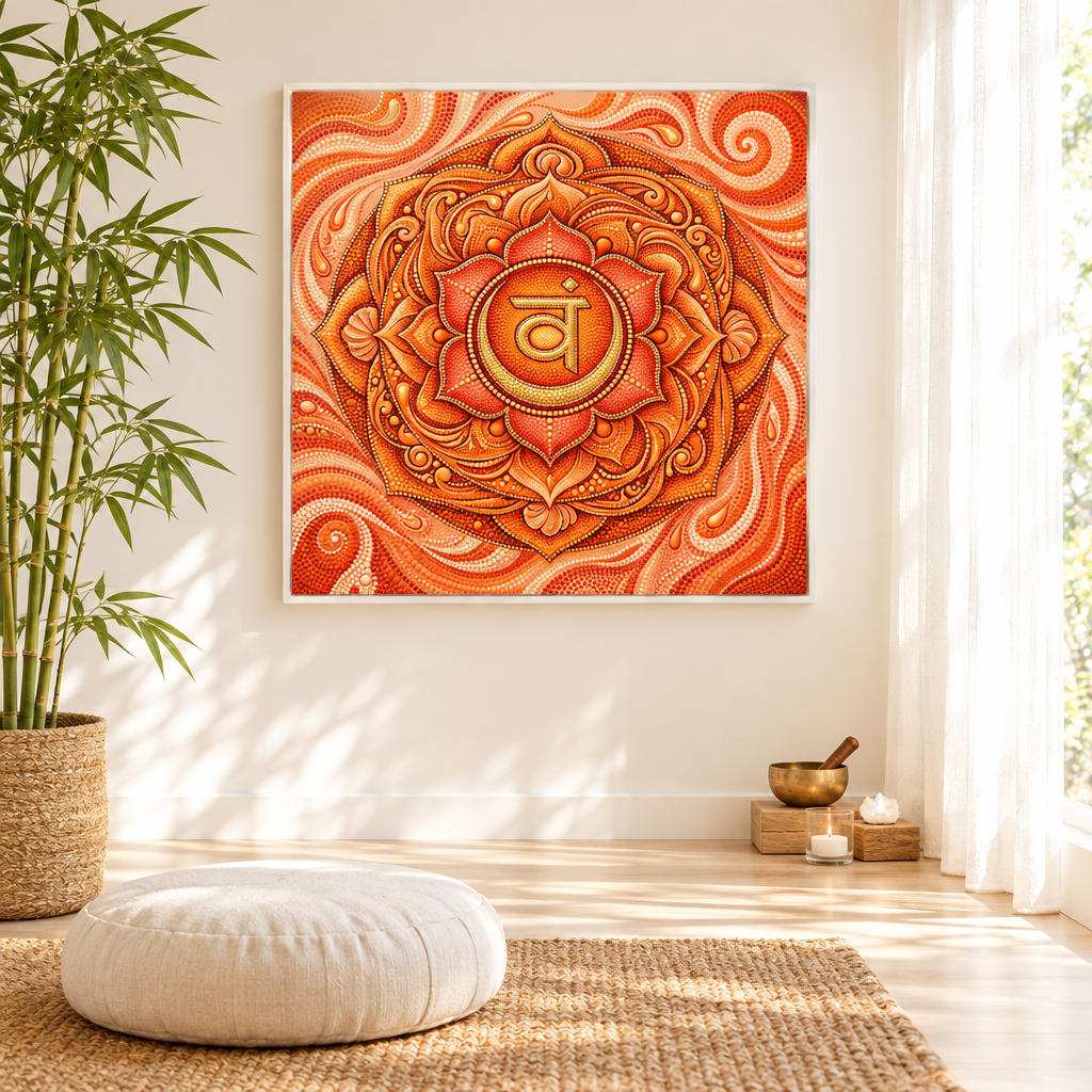Quadro impresso Mandala Chakra Sacral Pontilhismo com moldura branca em sala de meditação zen com bambu e tigela tibetana – impressão espiritual chakra para meditação – Santieri Bloom