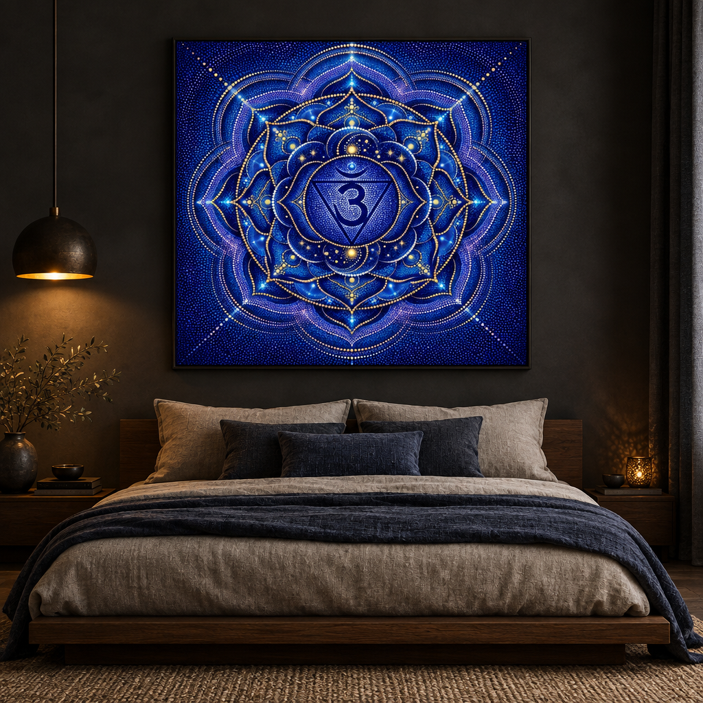 Quadro impresso Mandala Chakra Terceiro Olho Ajna Pontilhismo com moldura preta em quarto sofisticado carvão com cama de madeira e roupa de cama índigo – decoração espiritual intuição – Santieri Bloom