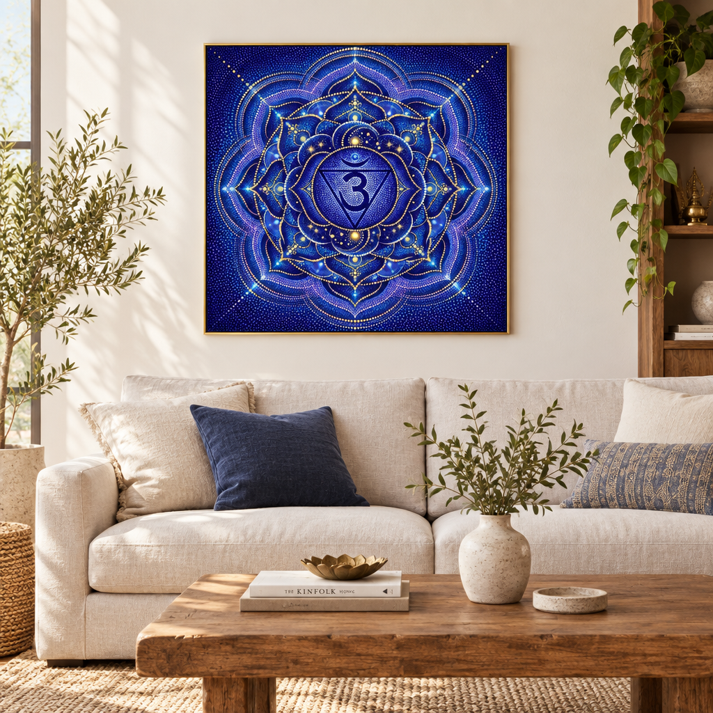 Quadro impresso Mandala Chakra Terceiro Olho Ajna Pontilhismo com moldura dourada em sala clara com sofá linho e almofada índigo – quadro decorativo espiritual para sala de estar – Santieri Bloom