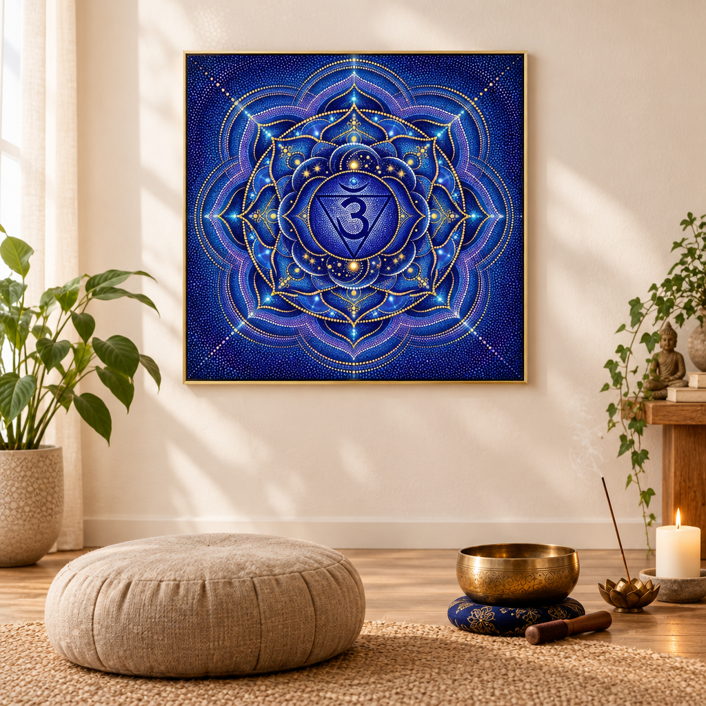 Quadro impresso Mandala Chakra Terceiro Olho Ajna Pontilhismo com moldura dourada em sala de meditação zen com tigela tibetana, incenso e estátua de Buda – impressão espiritual para meditação – Santieri Bloom