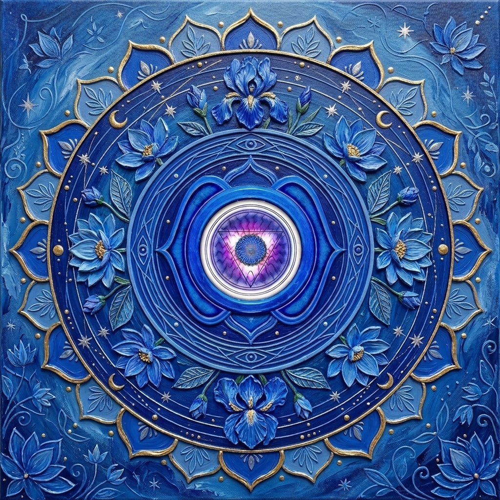 Quadro Chakra Ajna 3D — impressão premium com arte de estética tridimensional escultural do Chakra do Terceiro Olho em azul índigo profundo com flores de íris, luas crescentes douradas, olhos sagrados e portal violeta luminoso ao centro — quadro decorativo espiritual — Santieri Bloom
