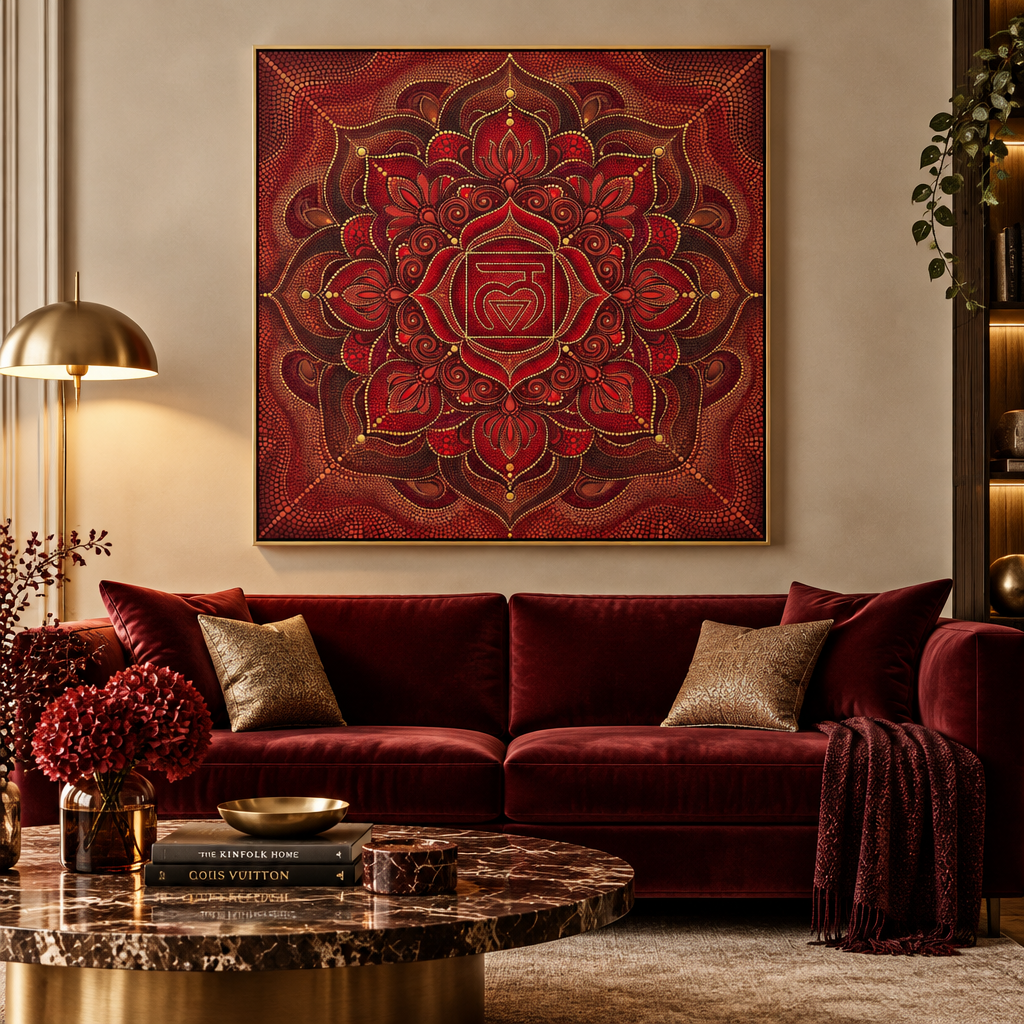 Quadro impresso Mandala Chakra Raiz em pontilhismo com moldura dourada em sala sofisticada com sofá velvet bordô – decoração espiritual Muladhara – Santieri Bloom