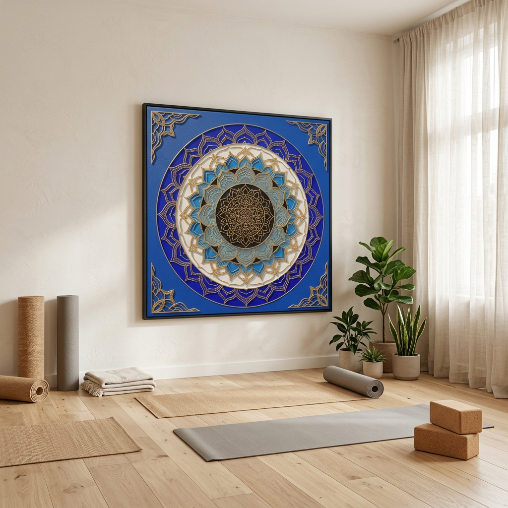Quadro Mandala Olho Grego Santuário Índigo com moldura preta em estúdio de yoga com tapetes, blocos de cortiça e plantas. Santieri Bloom.

