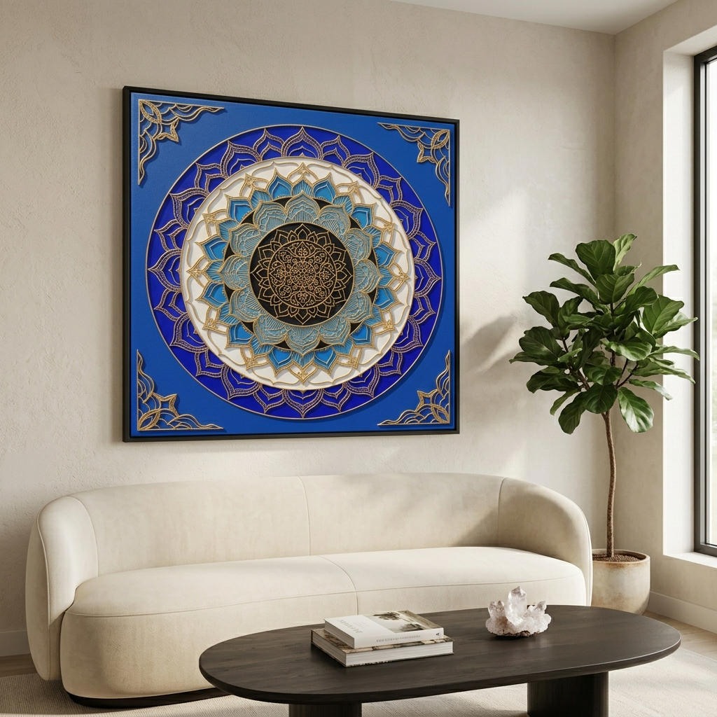 Quadro Mandala Olho Grego Santuário Índigo sobre sofá curvo creme, com mesa de centro escura e planta junto à janela. Santieri Bloom.

