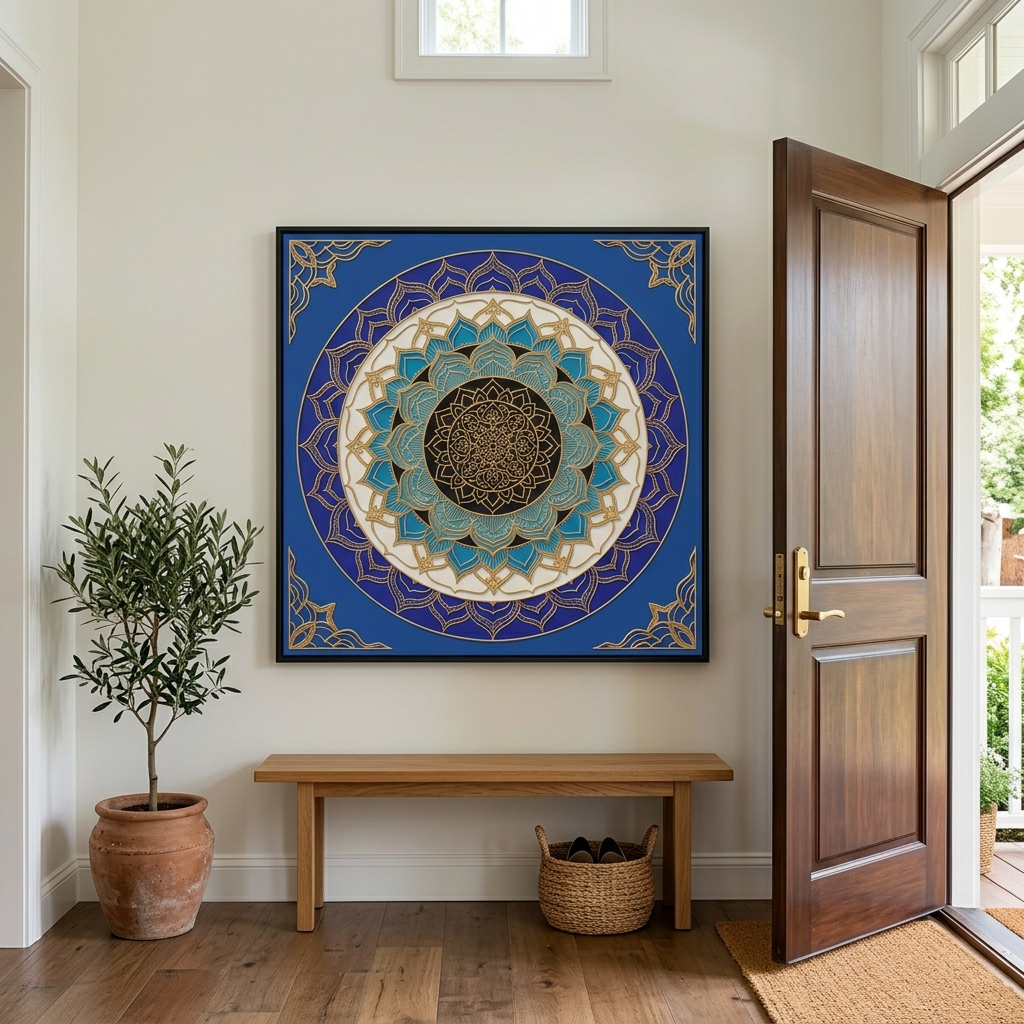 Quadro Mandala Olho Grego Santuário Índigo com moldura preta sobre banco de madeira no hall de entrada, ao lado de planta em vaso. Santieri Bloom.

