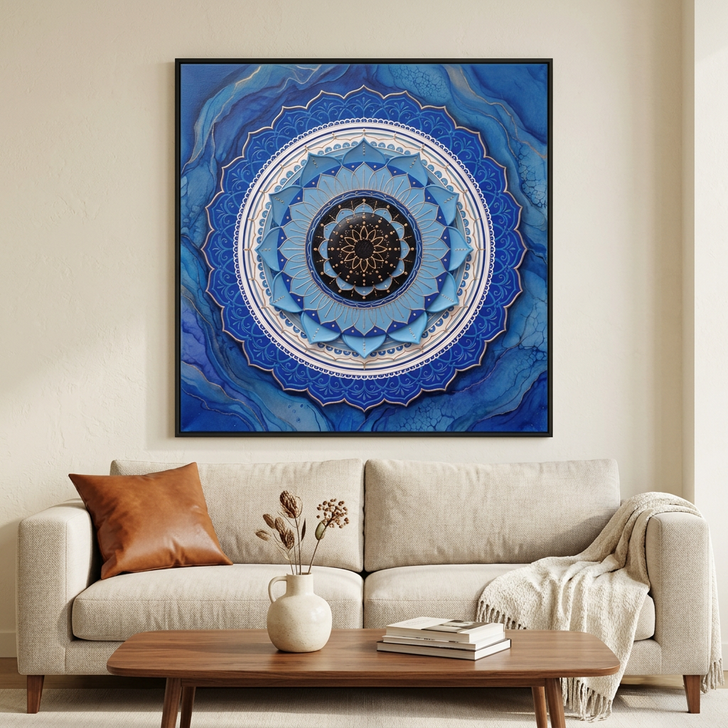 Quadro Mandala Olho Grego Amparo Lótus com moldura preta sobre sofá claro, com mesa de centro de madeira e almofada caramelo. Santieri Bloom.