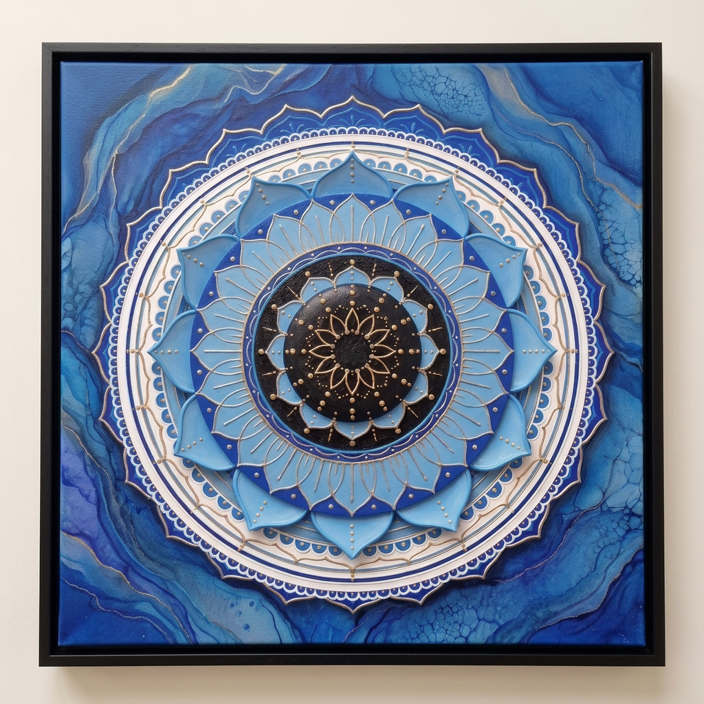  Quadro Mandala Olho Grego Amparo Lótus com pétalas em tons de azul, centro preto e detalhes dourados, em moldura preta. Santieri Bloom.
