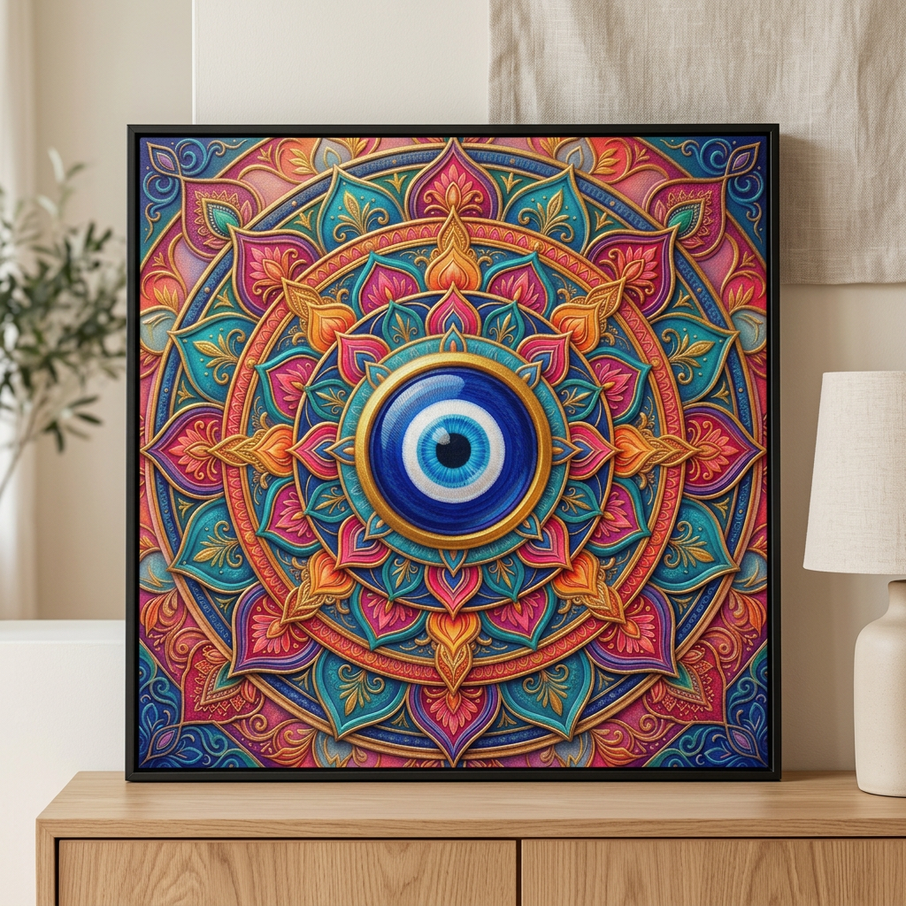  Quadro Mandala Olho Grego Amuleto Vivo com olho azul central e pétalas coloridas, em moldura preta apoiada no aparador. Santieri Bloom.