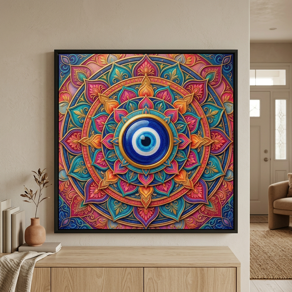 Quadro Mandala Olho Grego Amuleto Vivo na parede sobre aparador de madeira clara, com livros e vaso de cerâmica. Santieri Bloom.