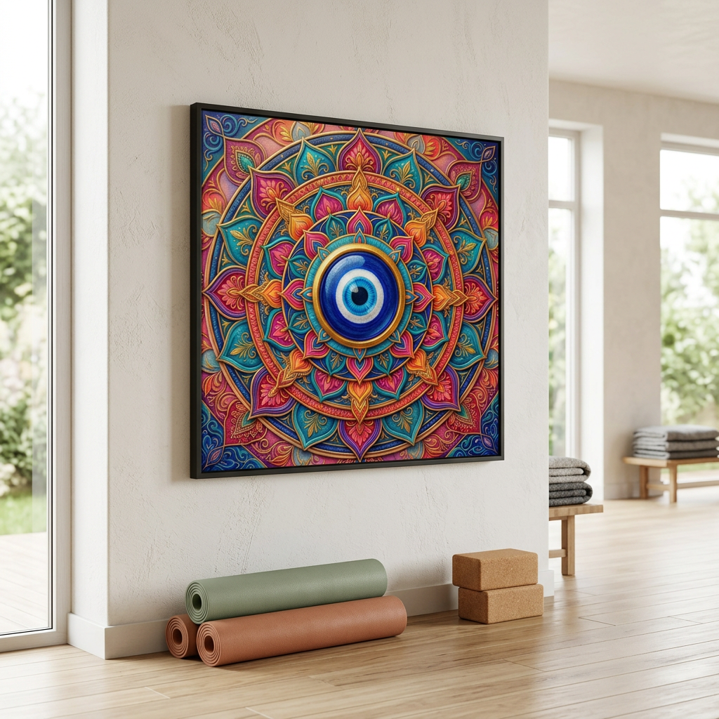Quadro Mandala Olho Grego Amuleto Vivo com moldura preta em estúdio de yoga, acima de tapetes enrolados e blocos de cortiça. Santieri Bloom.