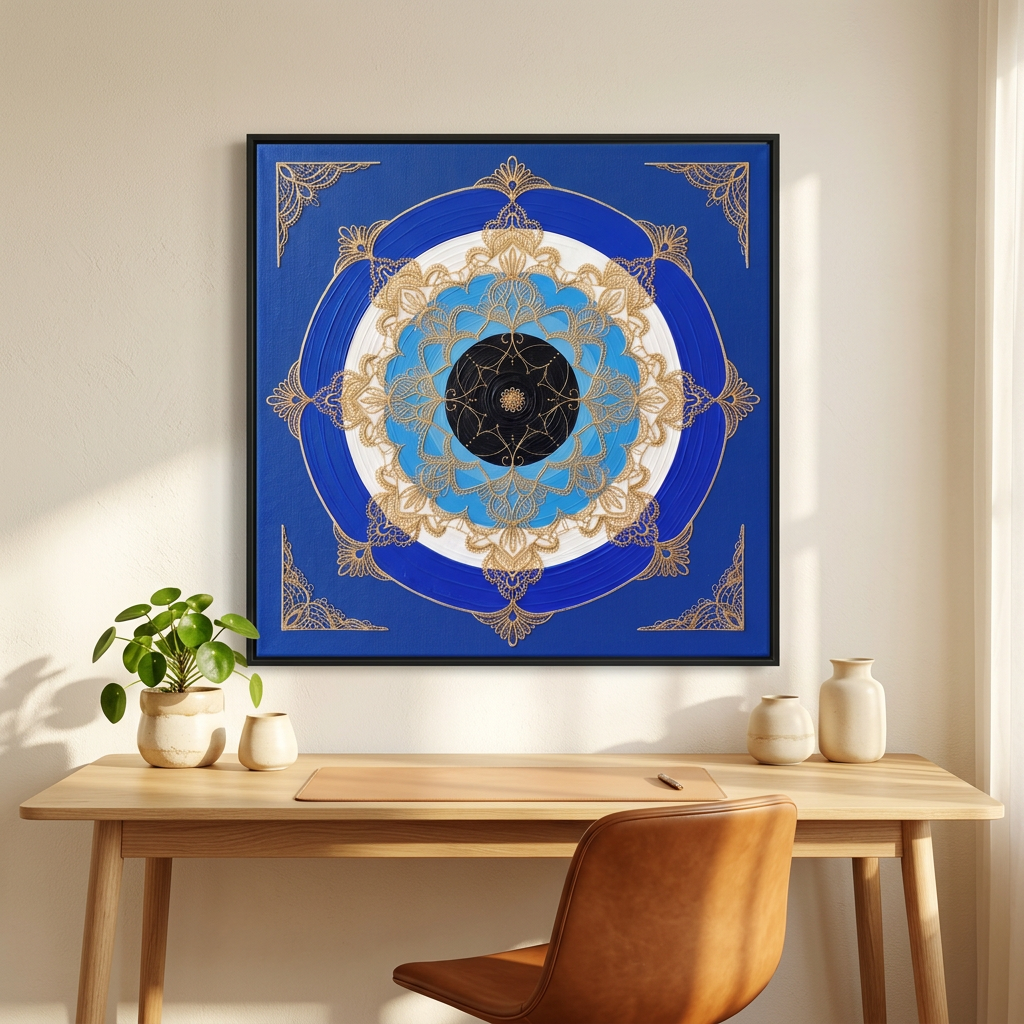  Quadro Mandala Olho Grego Escudo Ônix em azul, branco e dourado, sobre escrivaninha de madeira com plantas e vasos claros. Santieri Bloom