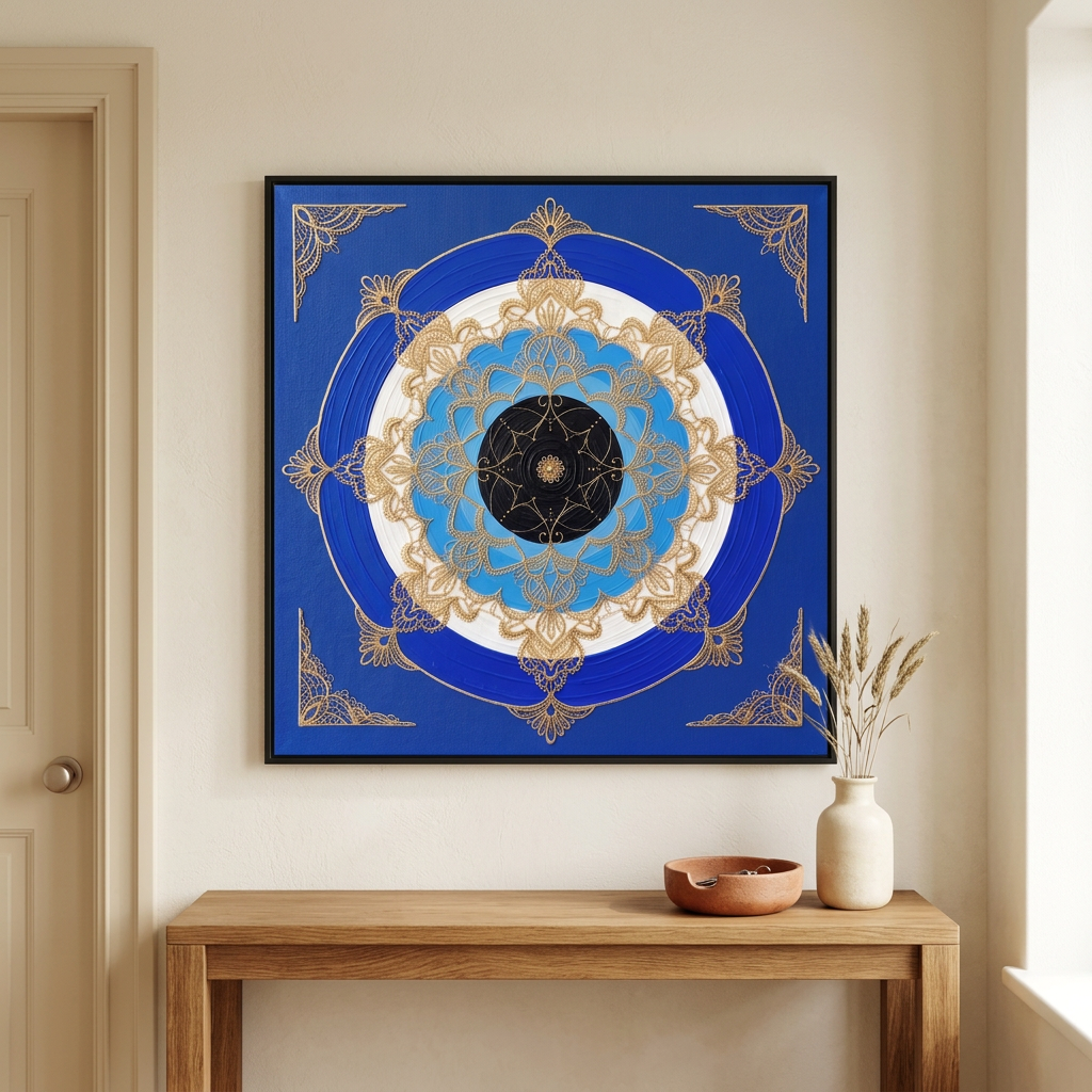  Quadro Mandala Olho Grego Escudo Ônix com moldura preta na parede sobre aparador de madeira no hall de entrada. Santieri Bloom