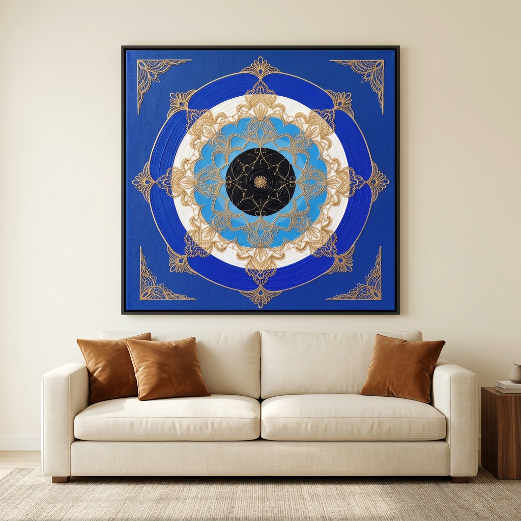  Quadro Mandala Olho Grego Escudo Ônix com moldura preta na parede sobre sofá claro com almofadas caramelo. Santieri Bloom
