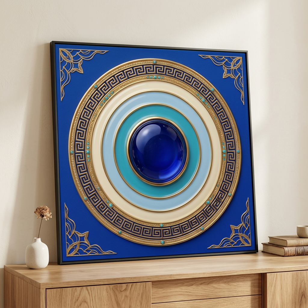 Quadro Mandala Olho Grego Eterno Egeu em azul, turquesa e dourado, com moldura preta, apoiado em aparador de madeira clara. Santieri Bloom.