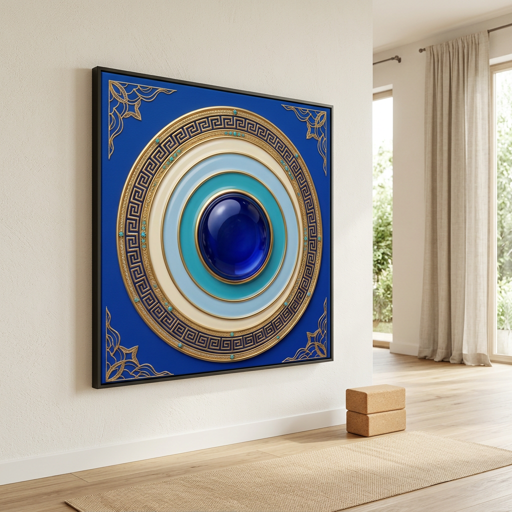 Quadro Mandala Olho Grego Eterno Egeu com moldura preta na parede de espaço de yoga com tapete e blocos de cortiça. Santieri Bloom.