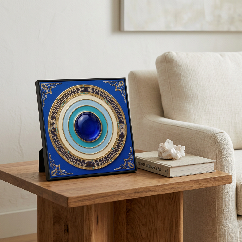 Quadro Mandala Olho Grego Eterno Egeu apoiado em mesa lateral de madeira, ao lado de livro e cristal, junto a poltrona clara. Santieri Bloom.