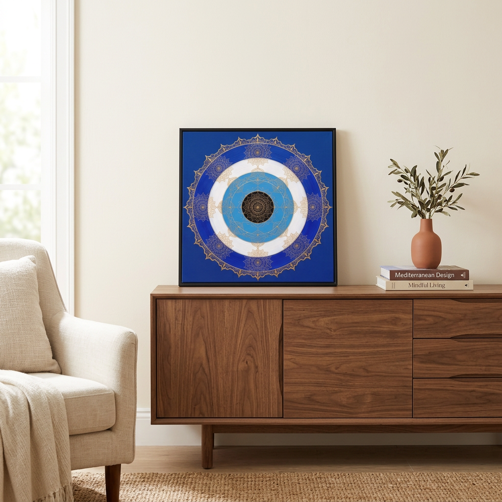 Quadro Mandala Olho Grego Guardião Azul apoiado em aparador de madeira, ao lado de livros, vaso com folhagens e poltrona clara. Santieri Bloom.
