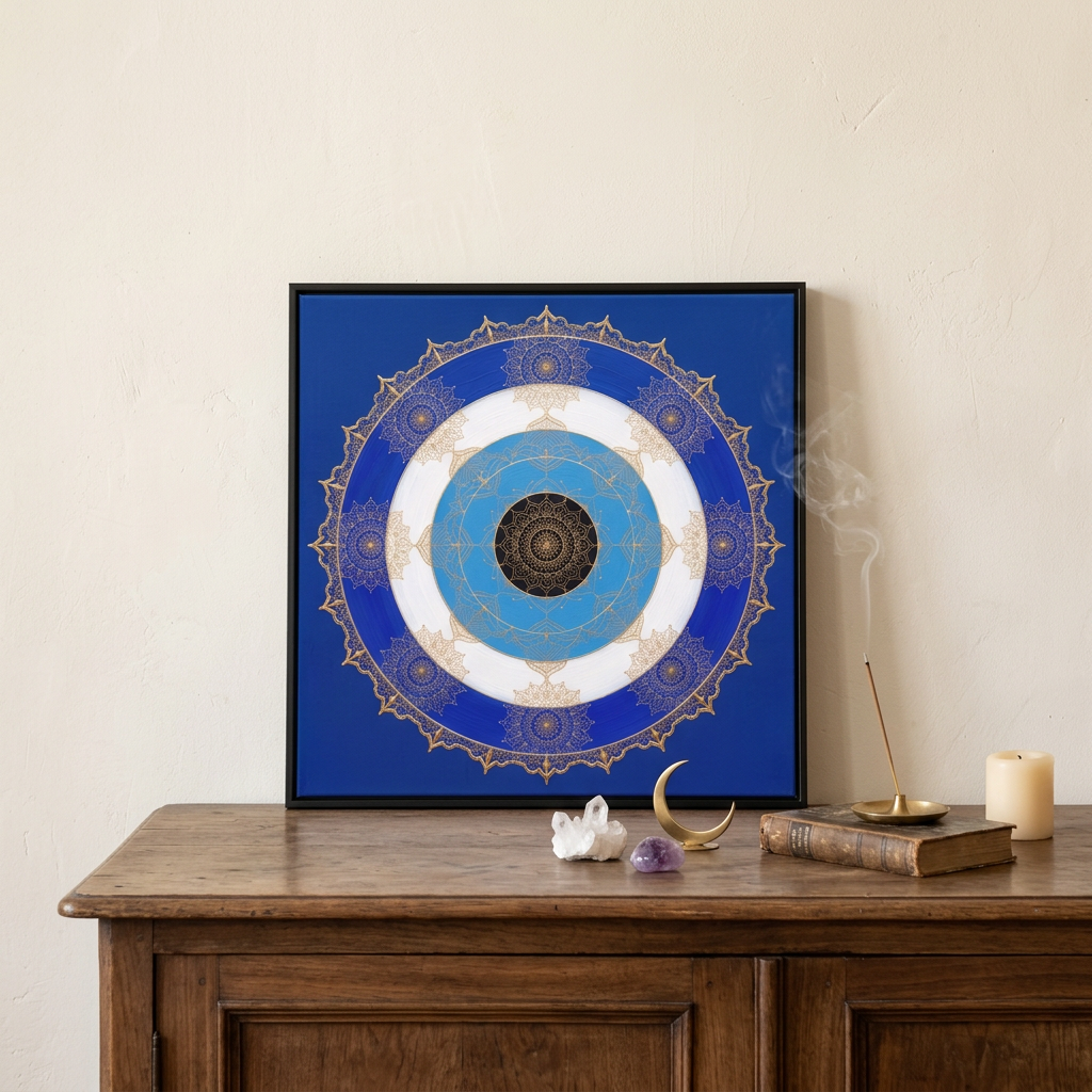 Quadro Mandala Olho Grego Guardião Azul com moldura preta, apoiado em móvel rústico com cristais. Santieri Bloom.