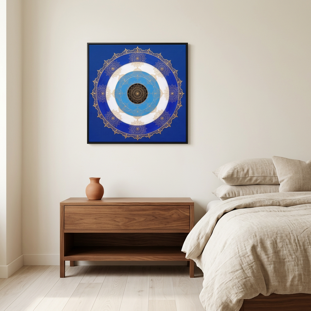 Quadro Mandala Olho Grego Guardião Azul com moldura preta na parede de um quarto com roupa de cama clara e móvel de madeira. Santieri Bloom.