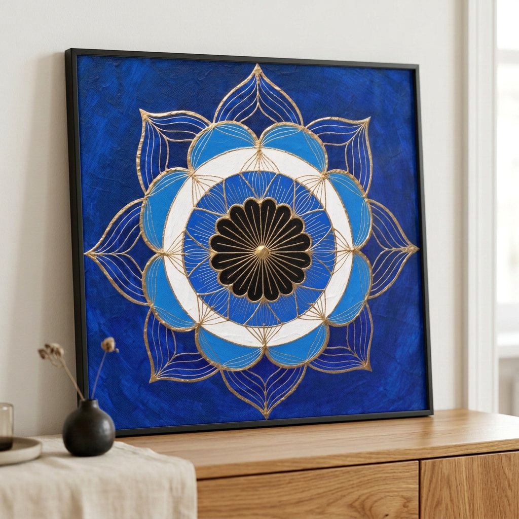 Quadro Mandala Olho Grego Lótus Celeste em azul, branco e dourado, com moldura preta, apoiado em aparador de madeira junto à janela. Santieri Bloom.