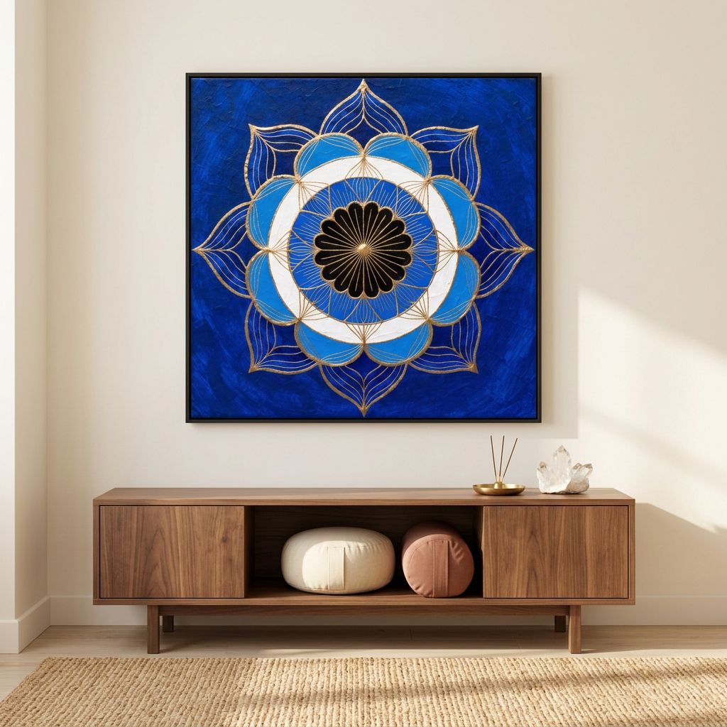 Quadro Mandala Olho Grego Lótus Celeste na parede sobre móvel de madeira com almofadas de meditação, incenso e cristais. Santieri Bloom.