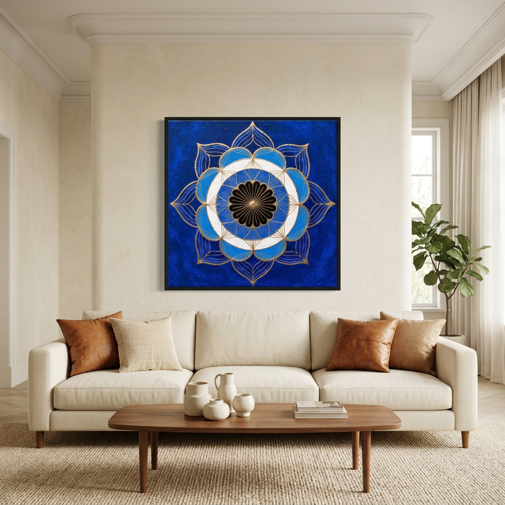 Quadro Mandala Olho Grego Lótus Celeste com moldura preta sobre sofá claro com almofadas caramelo, em sala com mesa de centro de madeira. Santieri Bloom.