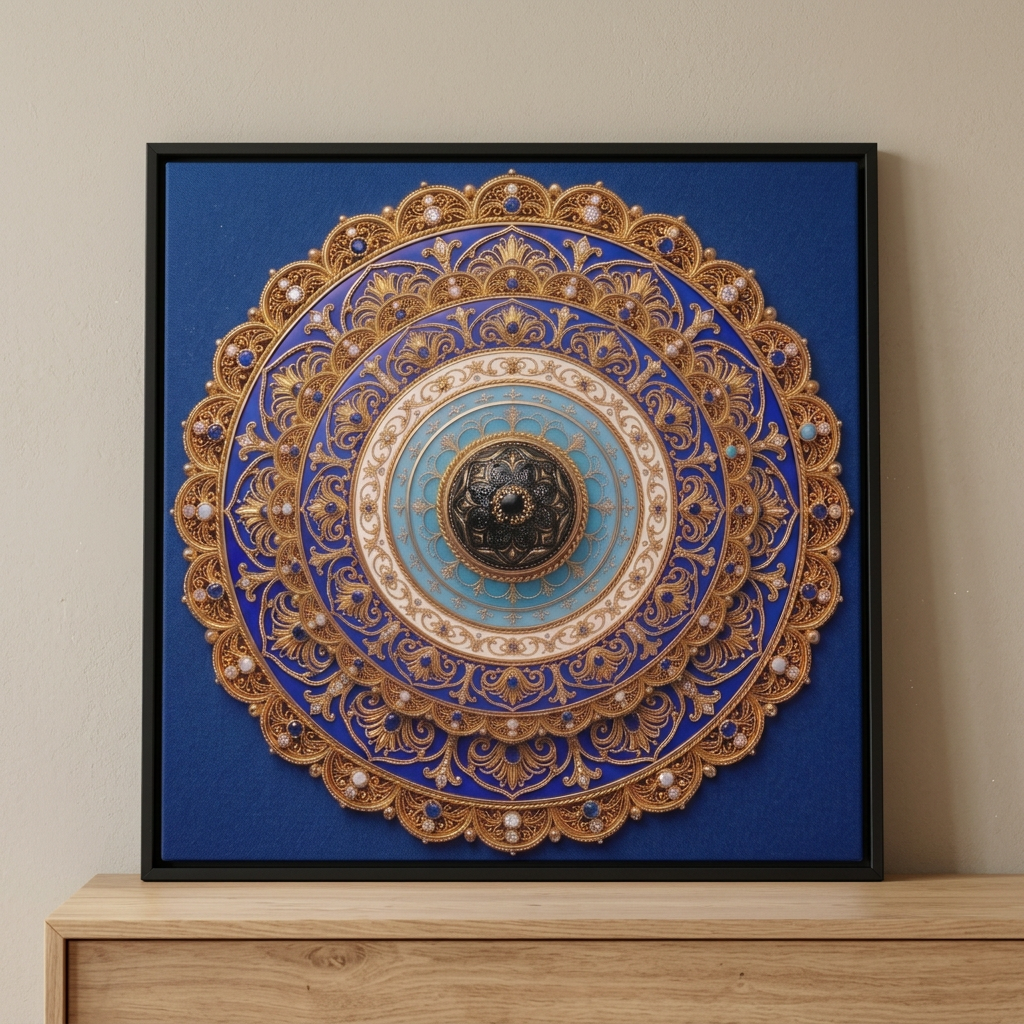 Quadro Mandala Olho Grego Relicário Azul com arabescos dourados sobre fundo azul, em moldura preta apoiada em aparador de madeira. Santieri Bloom.

