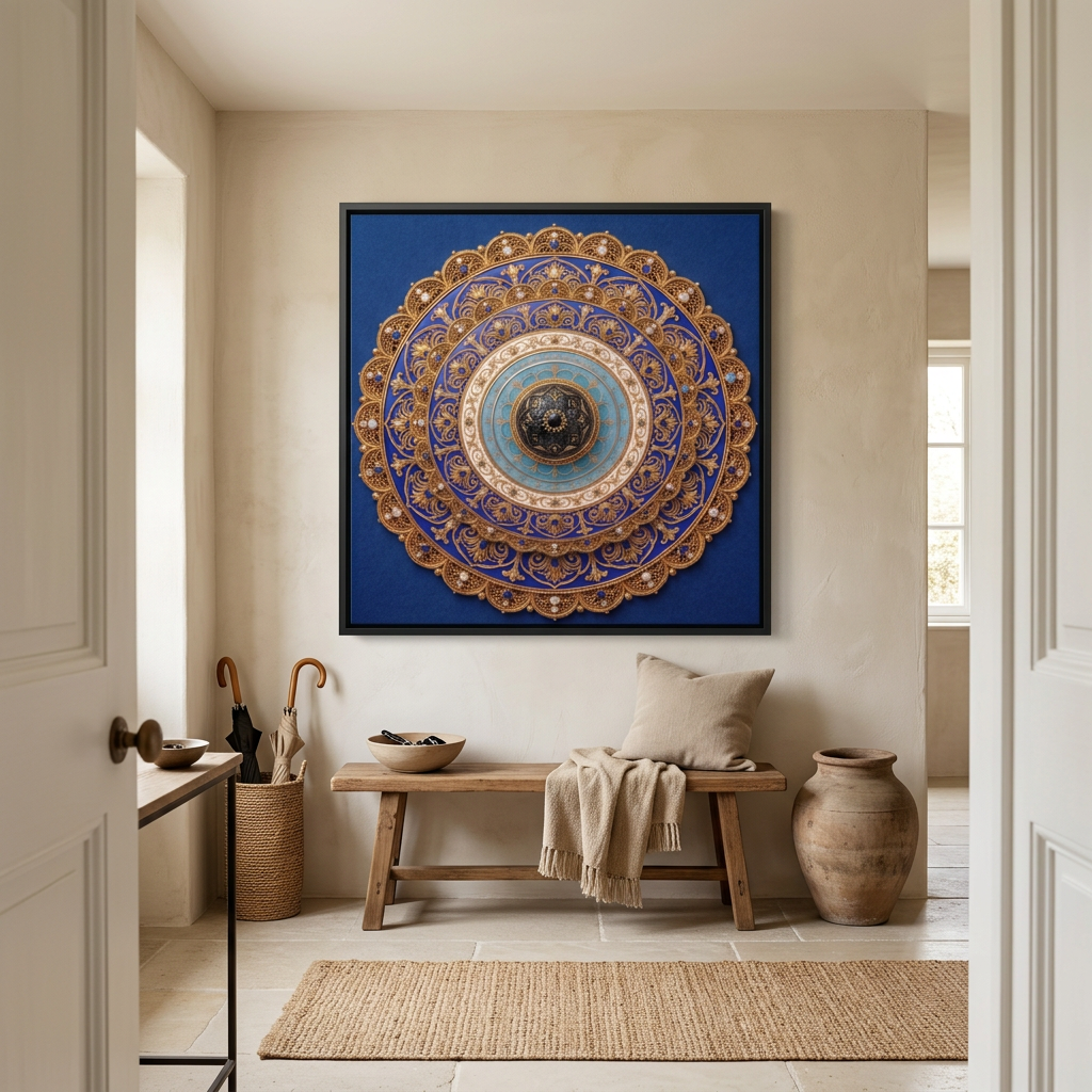 Quadro Mandala Olho Grego Relicário Azul com moldura preta sobre banco de madeira no hall de entrada, com cesto de guarda-chuvas e vaso de barro. Santieri Bloom.

