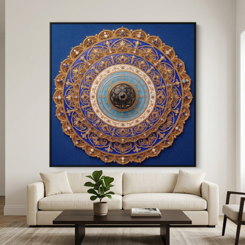 Quadro Mandala Olho Grego Relicário Azul na parede sobre sofá claro, com mesa de centro escura e planta decorativa. Santieri Bloom.

