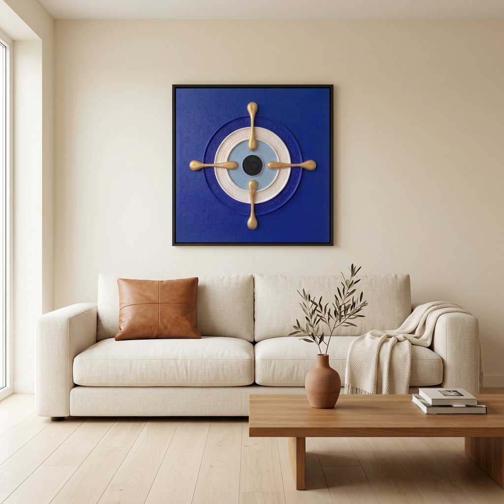  Quadro Mandala Olho Grego Santuário Índigo em azul e dourado, na parede sobre sofá creme, ao lado de uma planta. Santieri Bloom.