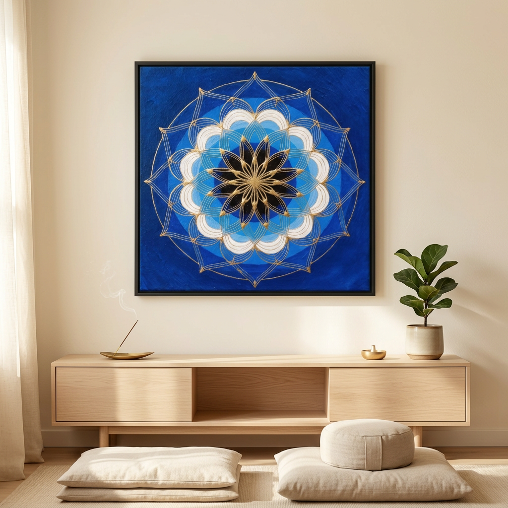 Quadro Mandala Olho Grego Sentinela Cobalto com moldura preta sobre móvel de madeira clara, em espaço de meditação com almofadas. Santieri Bloom.