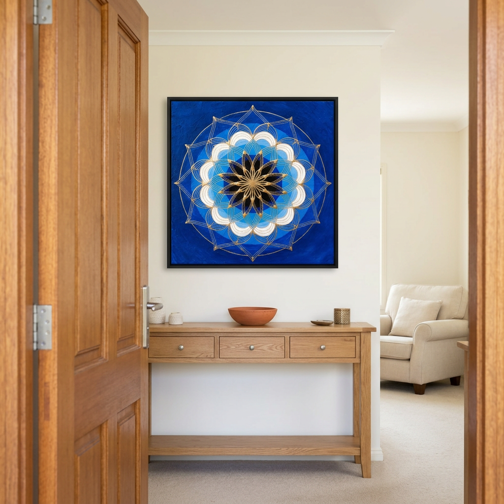 Quadro Mandala Olho Grego Sentinela Cobalto com moldura preta sobre aparador de madeira, visto pela porta de entrada aberta. Santieri Bloom.