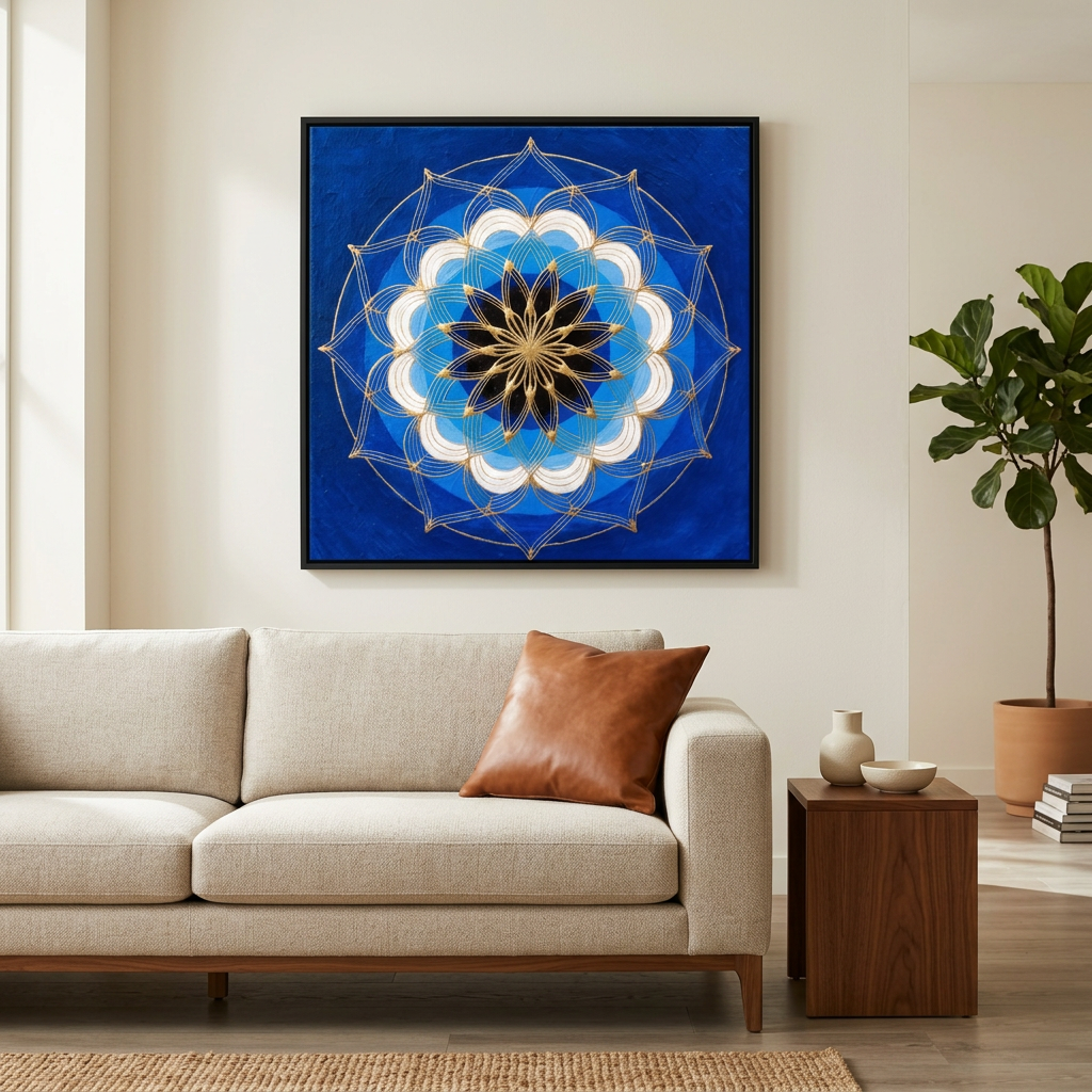 Quadro Mandala Olho Grego Sentinela Cobalto em azul, branco e dourado, na parede sobre sofá claro com almofada caramelo. Santieri Bloom.