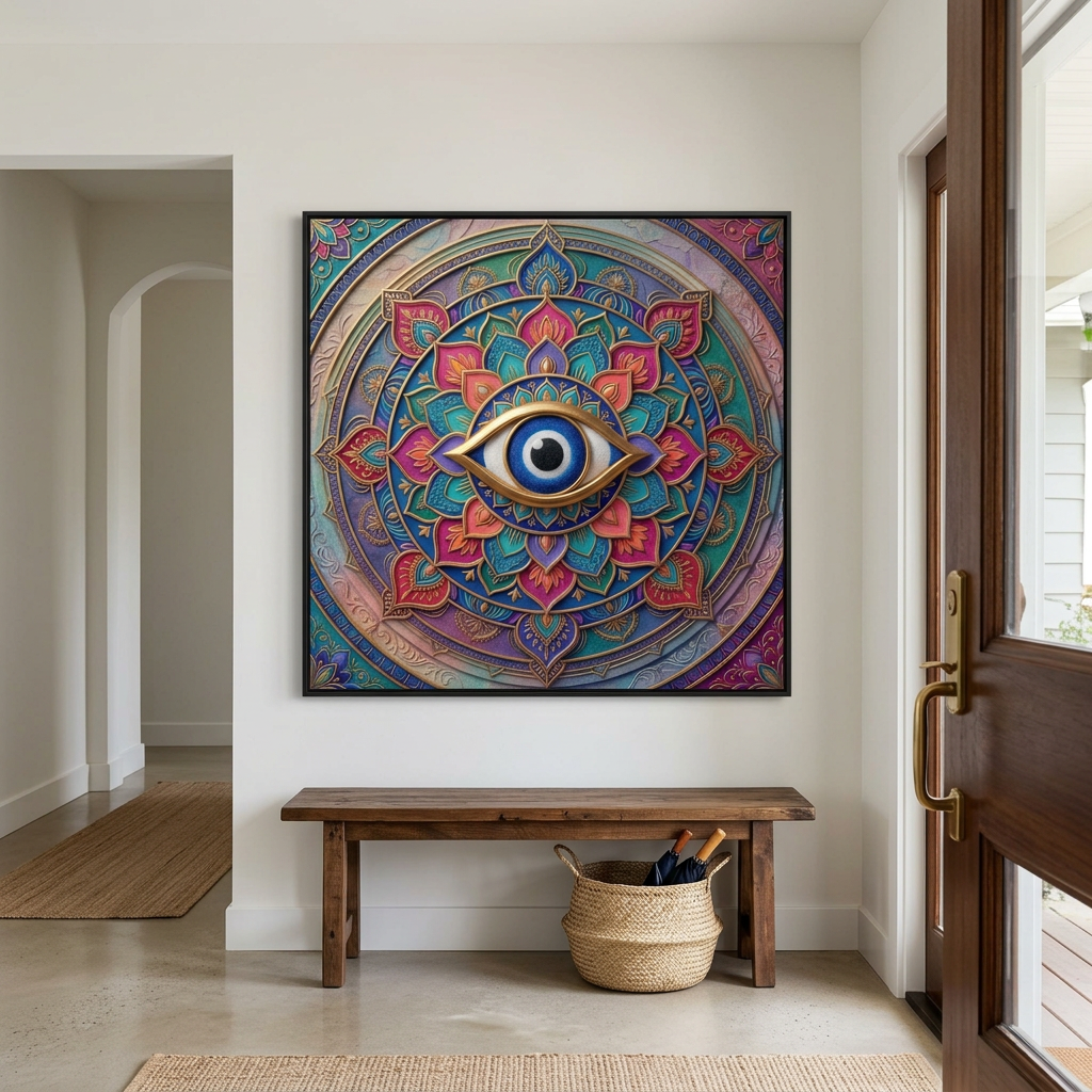 Quadro Mandala Olho Grego Vigília Prisma com moldura preta sobre banco de madeira no hall de entrada, junto a cesto de guarda-chuvas. Santieri Bloom.