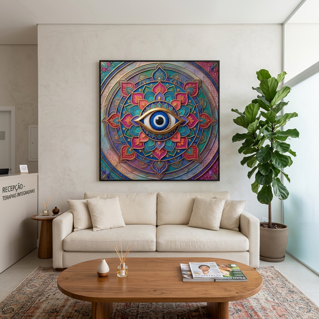 Quadro Mandala Olho Grego Vigília Prisma sobre sofá claro em recepção, com mesa de centro de madeira e planta junto à janela. Santieri Bloom.