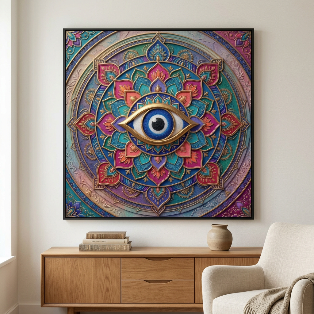 Quadro Mandala Olho Grego Vigília Prisma com olho azul e pétalas coloridas, sobre aparador de madeira ao lado de poltrona clara. Santieri Bloom.