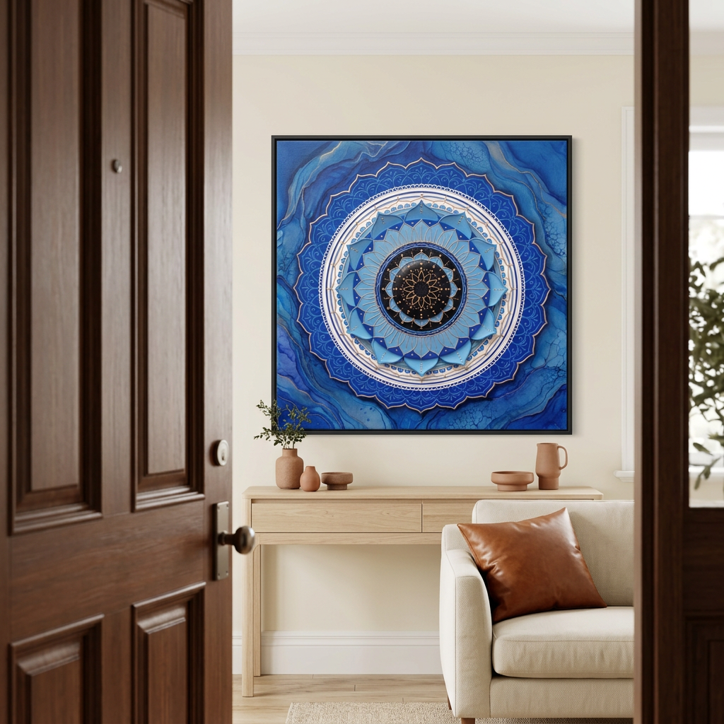 Quadro Mandala Olho Grego Amparo Lótus sobre aparador claro, visto pela porta de entrada, ao lado de sofá com almofada caramelo. Santieri Bloom.